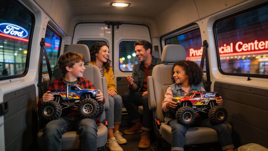 A happy group relaxing inside a spacious Ford Transit van after the show, kids holding monster truck toys, with arena lights in the background.