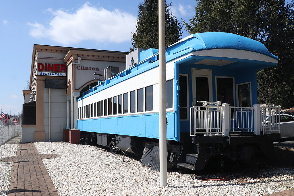 Clinton Station Diner with authentic 1927 Biela train car from Blue Comet express, railroad-themed diner
