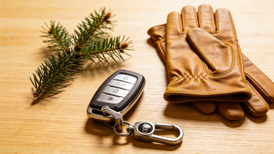 A modern car key and leather gloves on a light surface symbolizing travel planning and car rental.