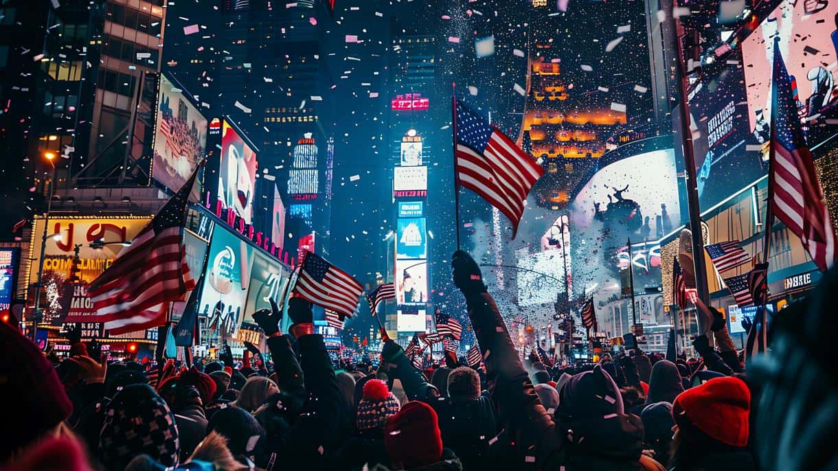 A huge crowd of people behind fences in Times Square on New Year's Eve