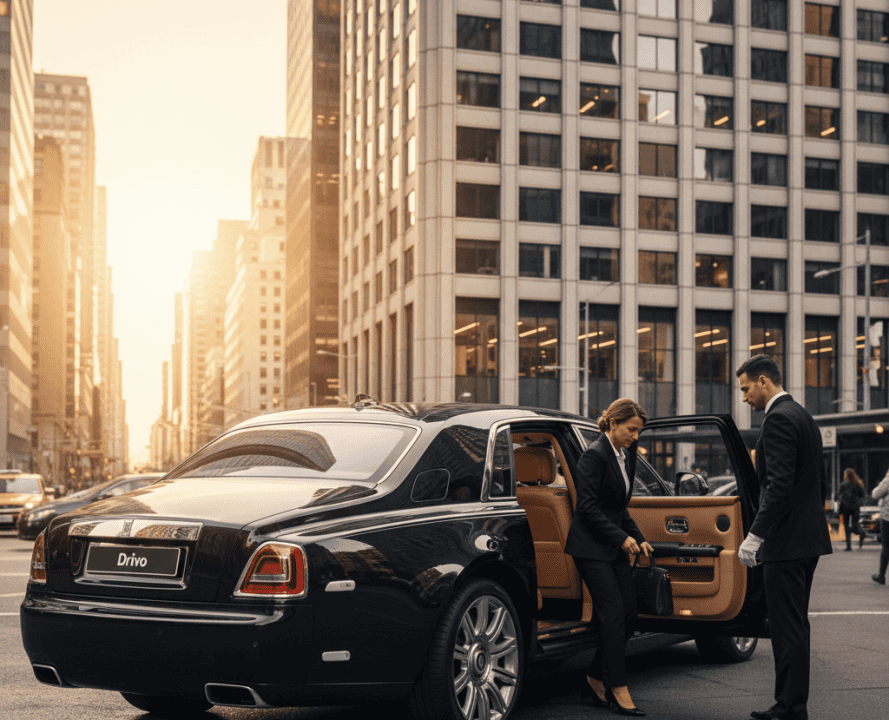 Professional chauffeur opening the door of a Rolls-Royce in Manhattan, highlighting premium chauffeur service for business executives