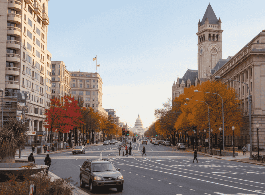 Street-level view looking towards the U.S. Capitol Building in Washington, DC, with cars on the road and vibrant fall foliage on the trees.