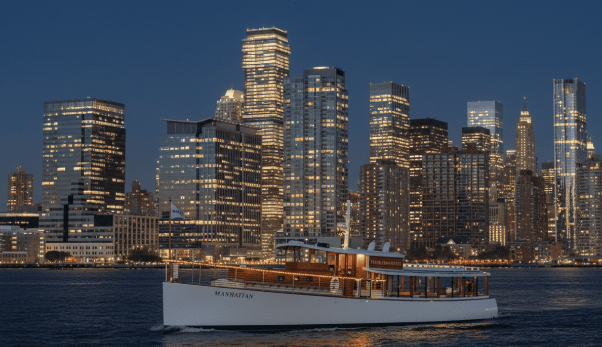 An architectural boat cruise for Archtober sailing past the Lower Manhattan skyline at dusk.
