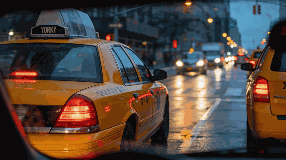 A classic yellow NYC taxi stuck in heavy traffic during a gridlock alert day in Manhattan.