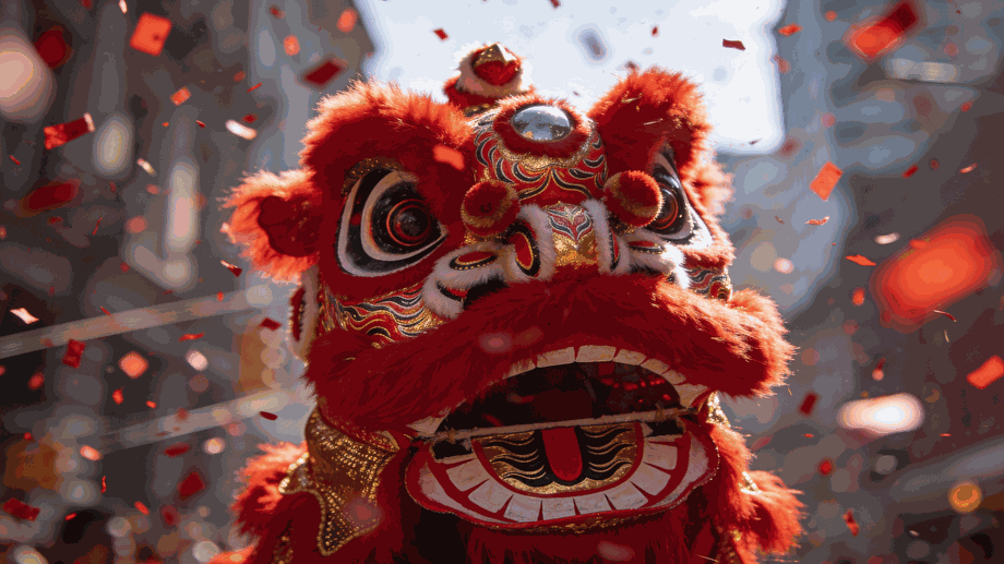 Close-up of a vibrant Chinese lion dance costume during the Lunar New Year parade in NYC.