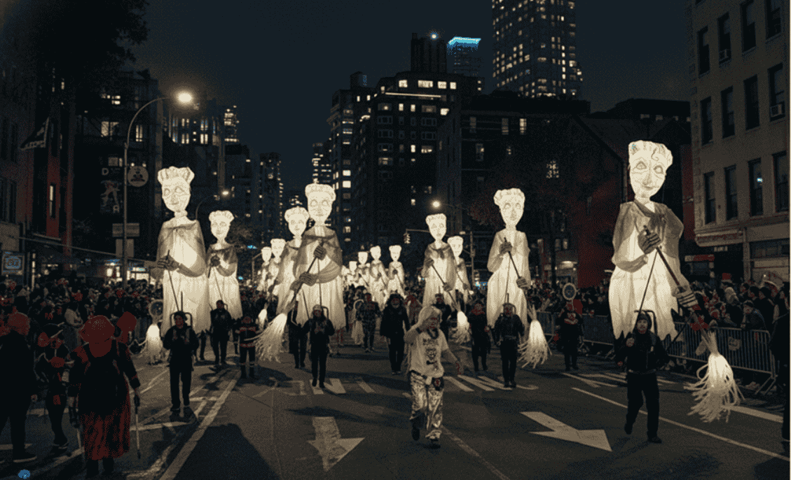 Giant illuminated puppets marching in the Greenwich Village Halloween Parade in New York City