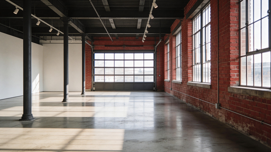 Large industrial window in an art gallery with soft natural light hitting the floor.