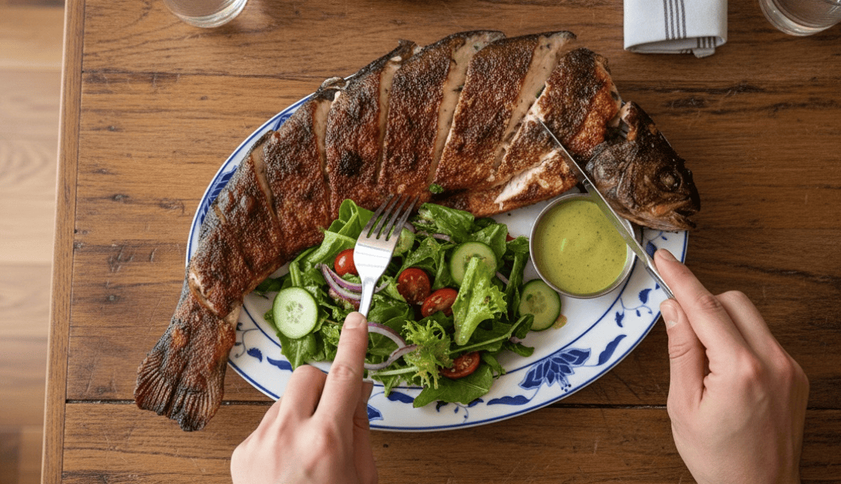 A person enjoying a pre-theater dinner of grilled fish at a restaurant in NYC, near the Theater District.