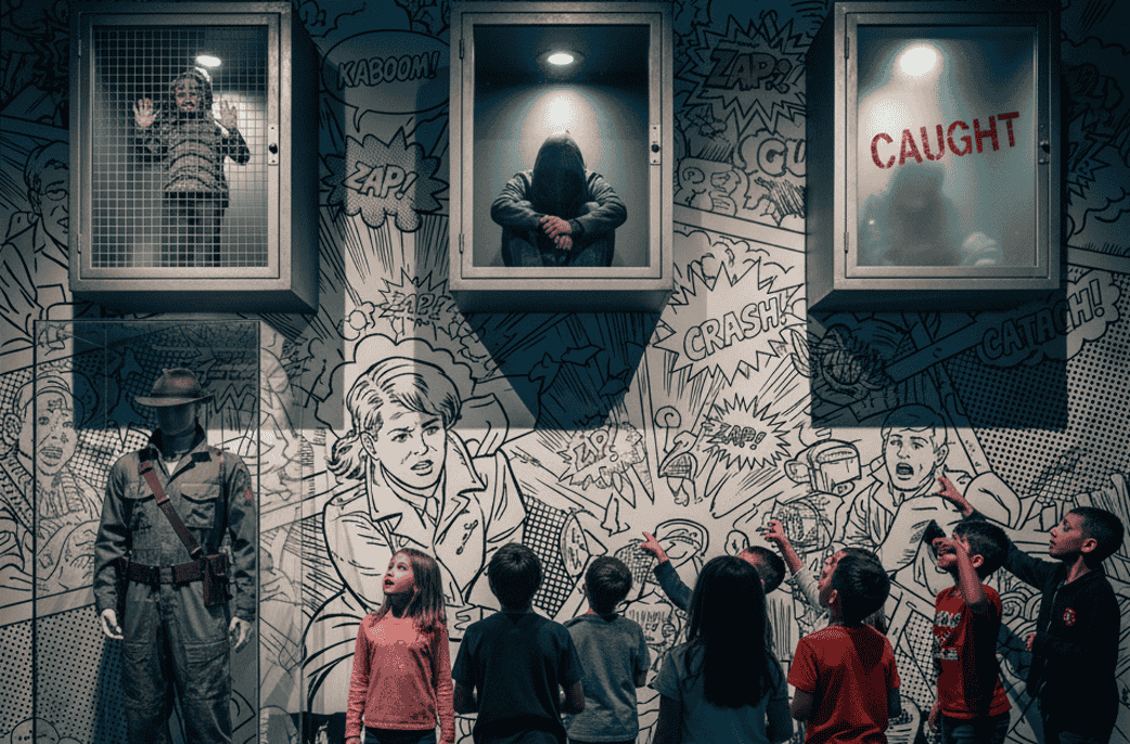 Children engaging with an interactive exhibit at the International Spy Museum, a popular attraction in Washington, DC.