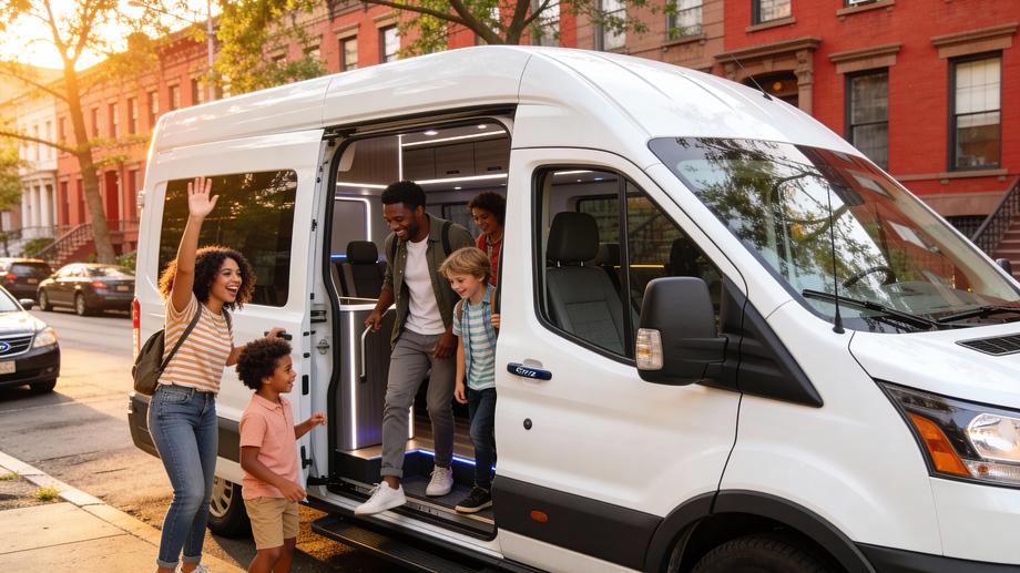 A cheerful group of people boarding a spacious Ford Transit passenger van for a trip on a sunny Brooklyn street, highlighting group travel comfort.