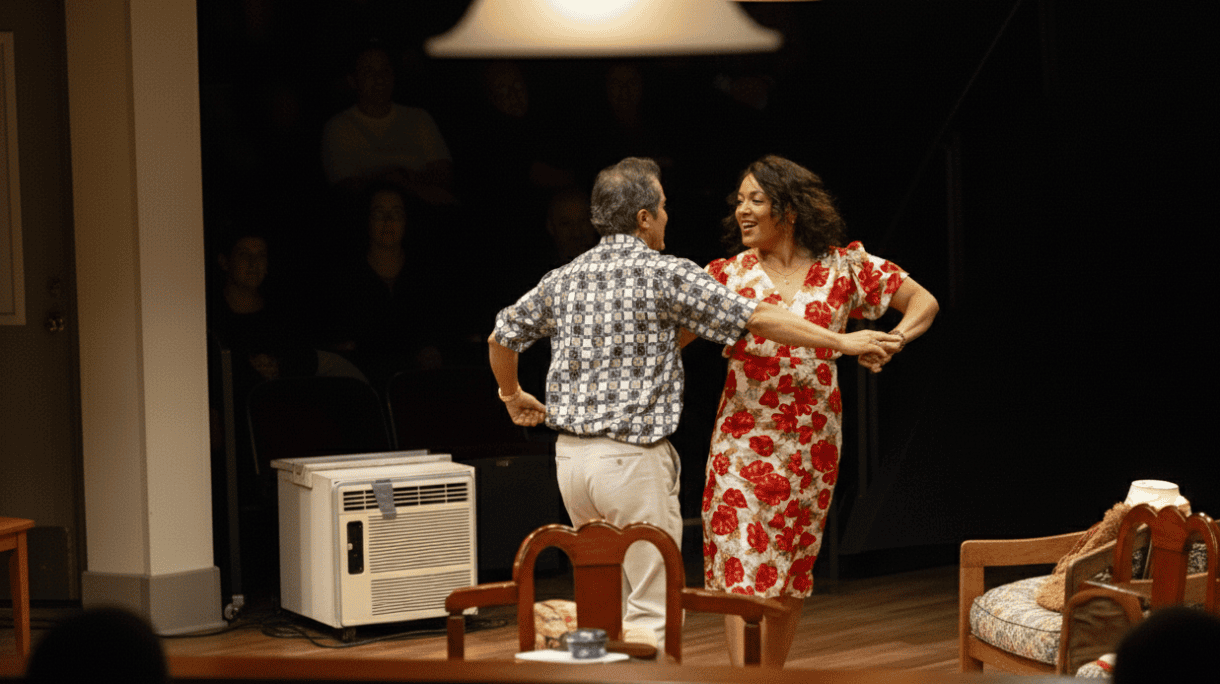 Two actors performing in an intimate Off-Broadway Week show on a small stage in New York City.