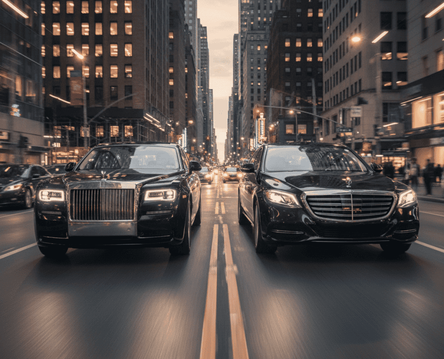 Rolls-Royce and Mercedes-Maybach luxury sedans driving through Manhattan at dusk, symbolizing executive travel in New York City
