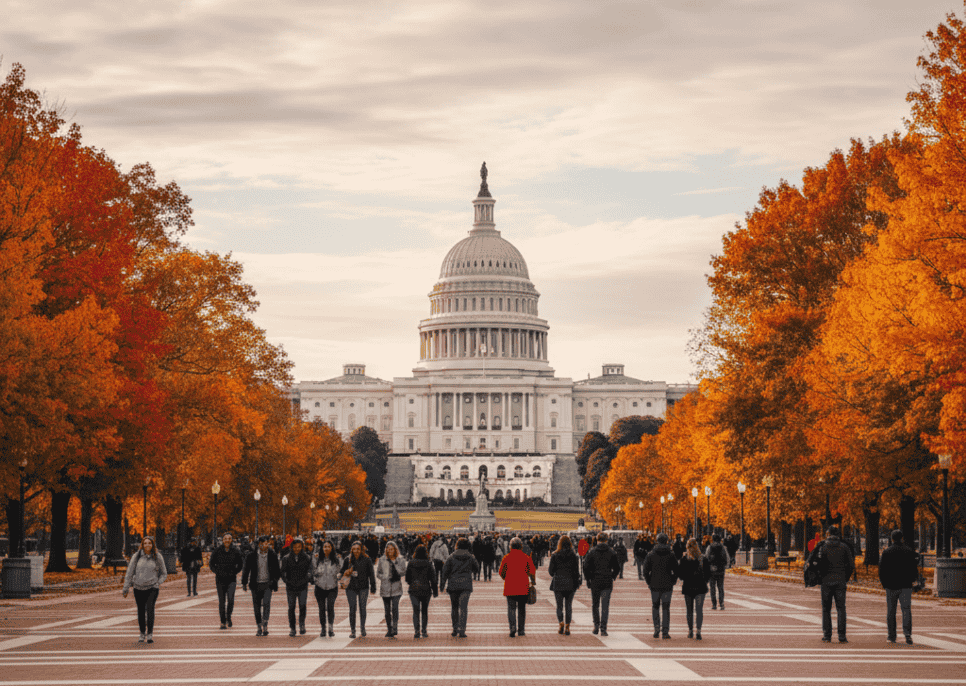 Tourists walking on the National Mall towards the U.S. Capitol Building, framed by trees with bright orange autumn leaves.