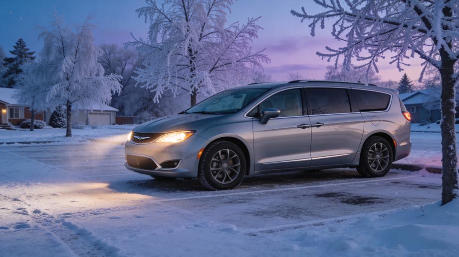 A silver family minivan parked on a snowy road during winter, showcasing a safe and comfortable travel option.