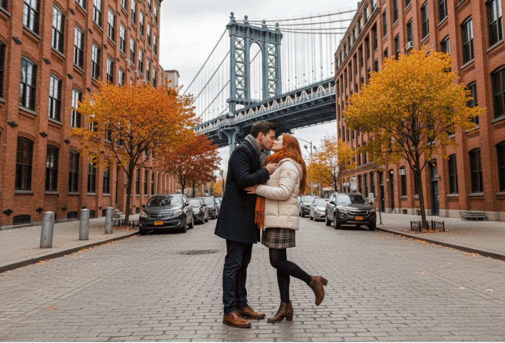 A couple kissing on a cobblestone street in DUMBO, Brooklyn, with the Manhattan Bridge in the background during the fall.