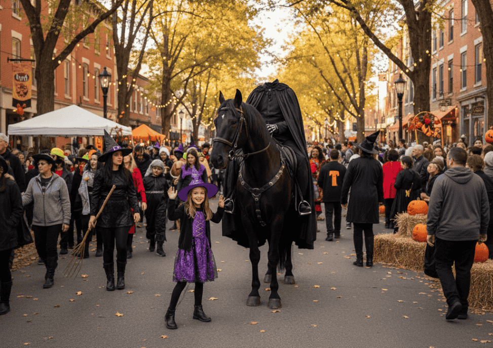 Halloween festival in Sleepy Hollow with people in costumes, witches, and the Headless Horseman on horseback